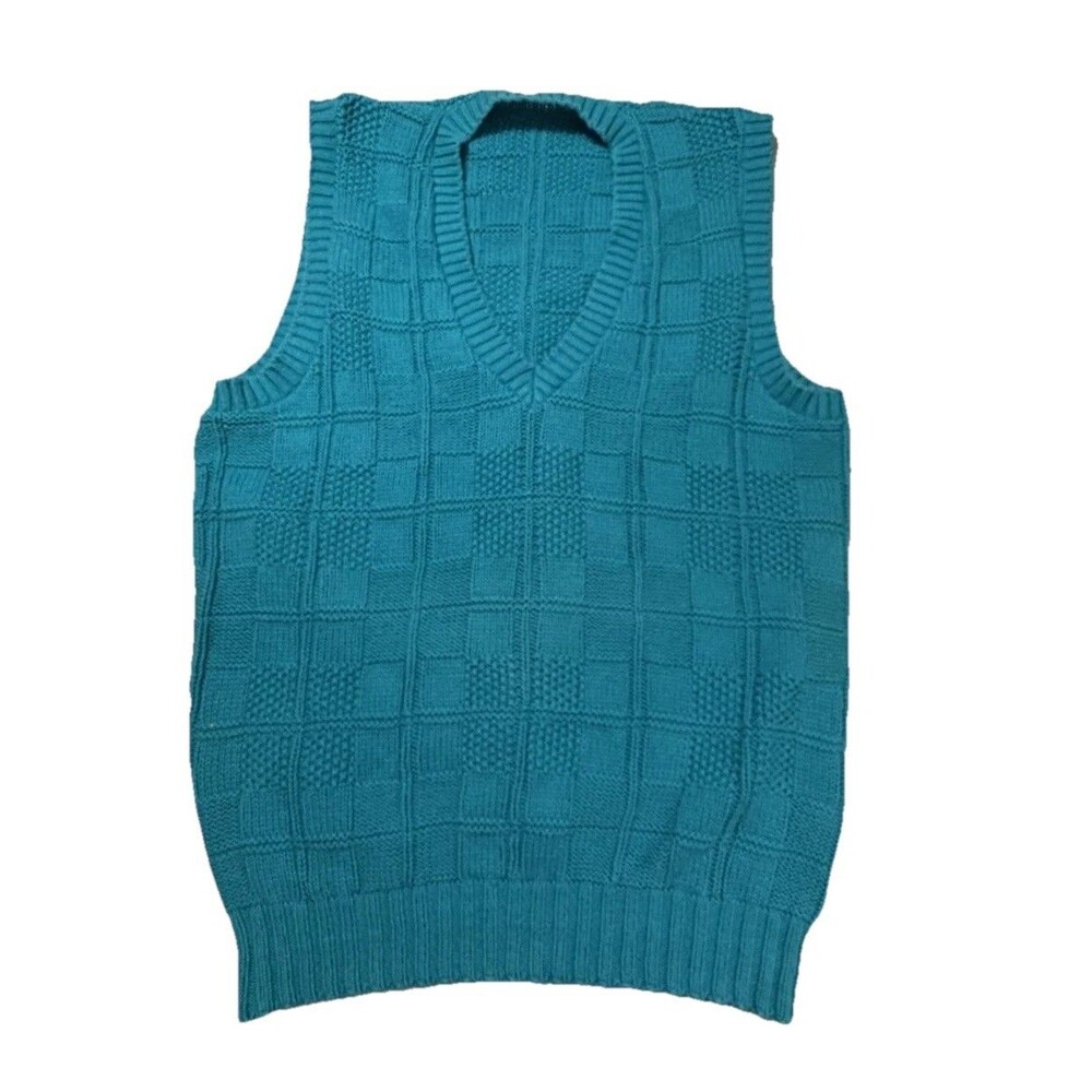 VTG Turquoise Women's Knit Sweater Vest Teal V-Neck Blouson Preppy Academia M